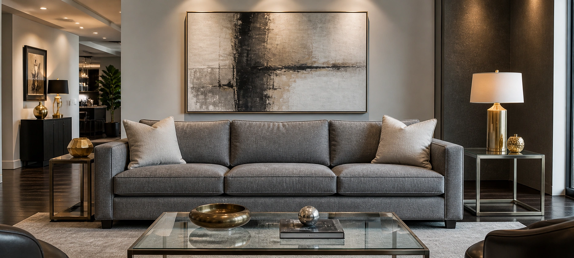Contemporary linen sofa with track arms and plush cushions