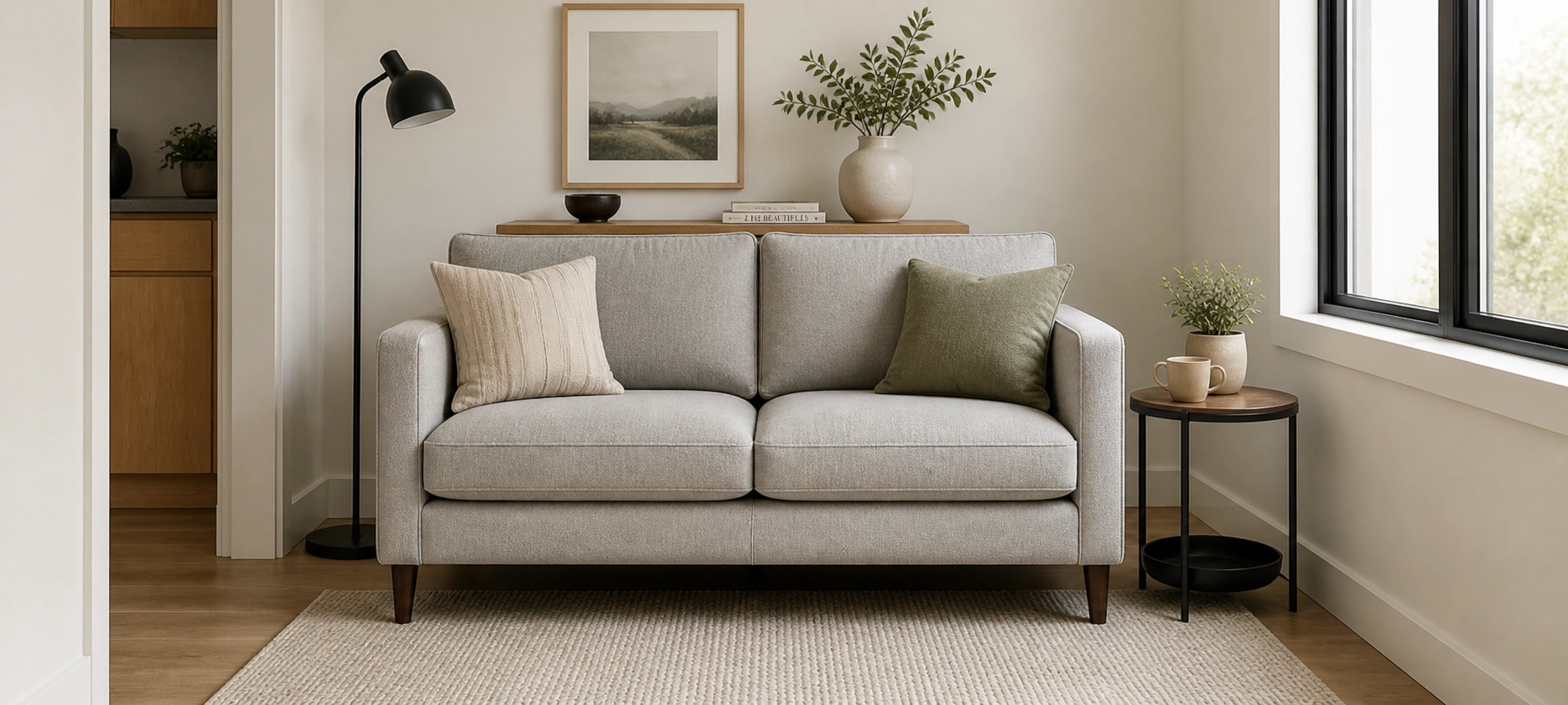 Compact linen loveseat in a small apartment living room