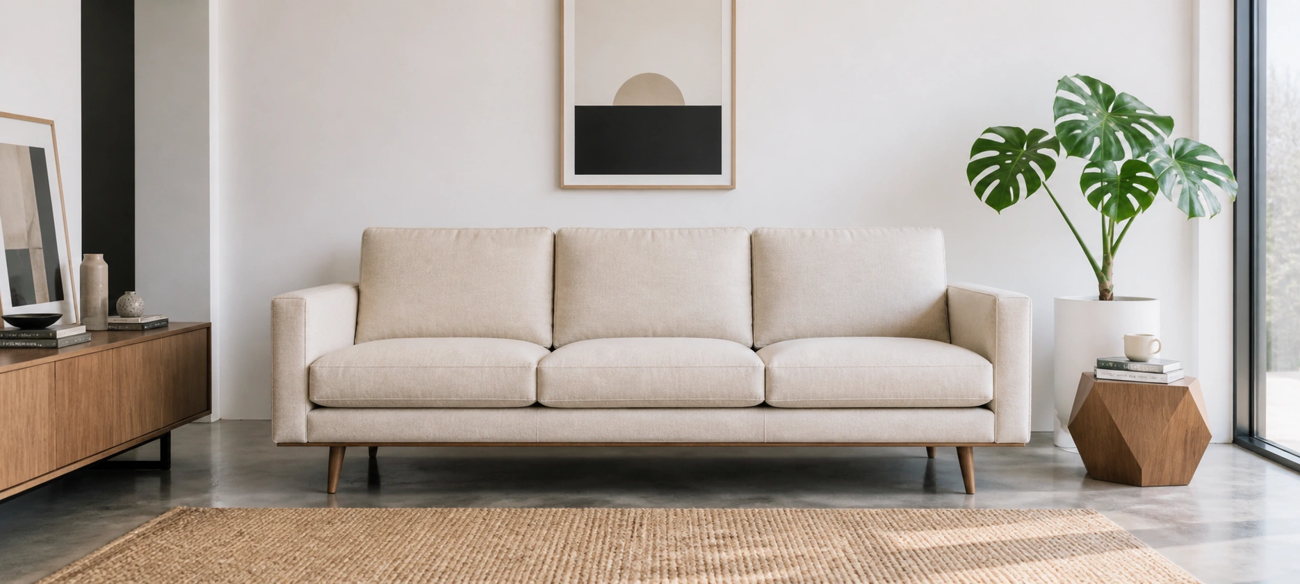 Modern linen sofa with clean lines and tapered legs