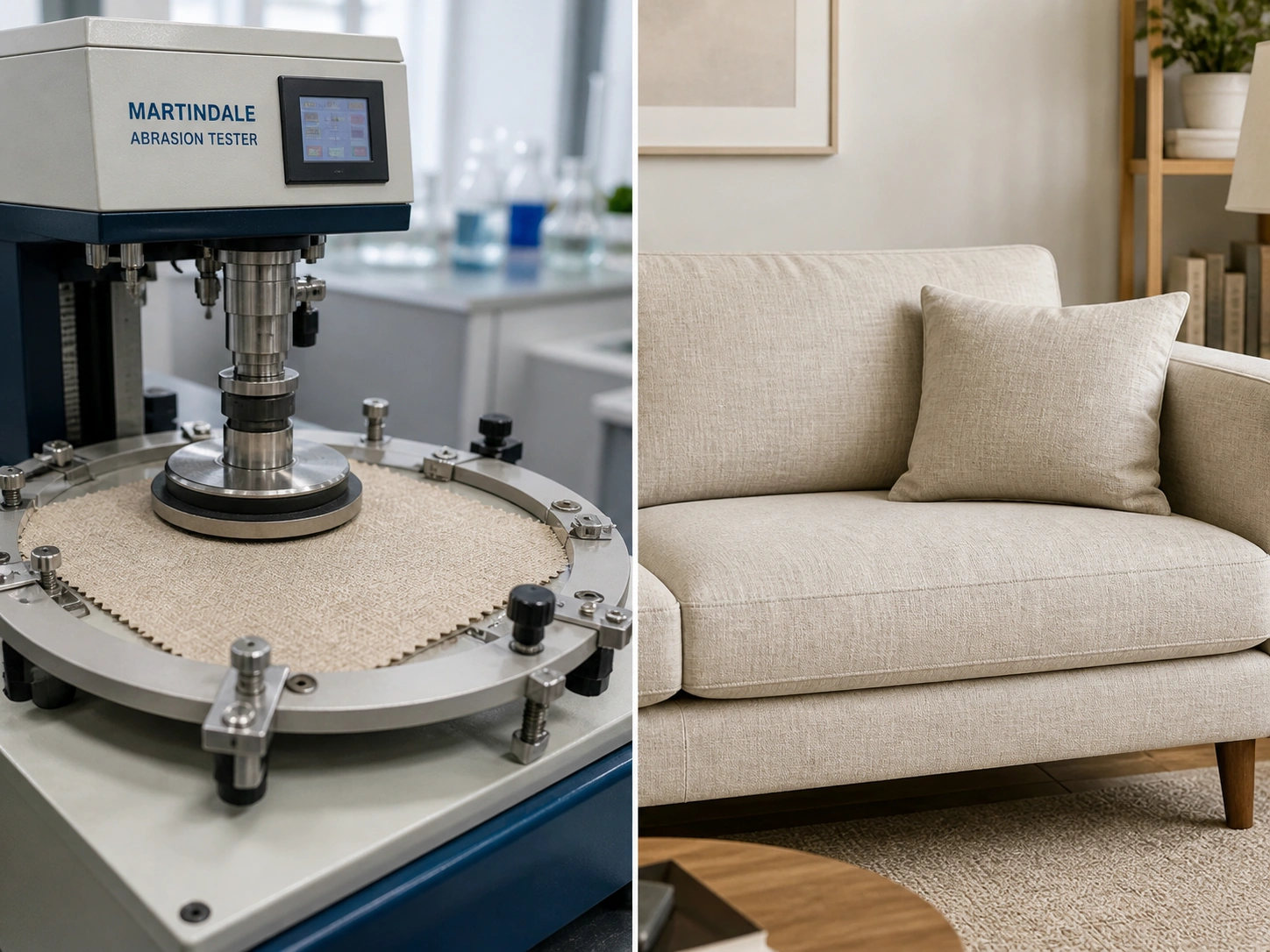 Linen sofa fabric being tested for durability with Martindale abrasion machine