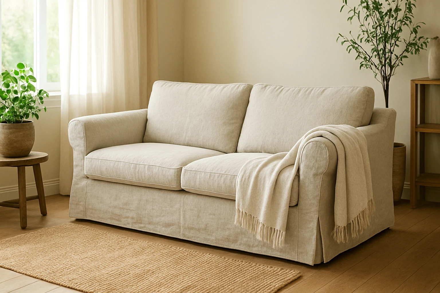 Natural linen sofa creating relaxed, casual atmosphere