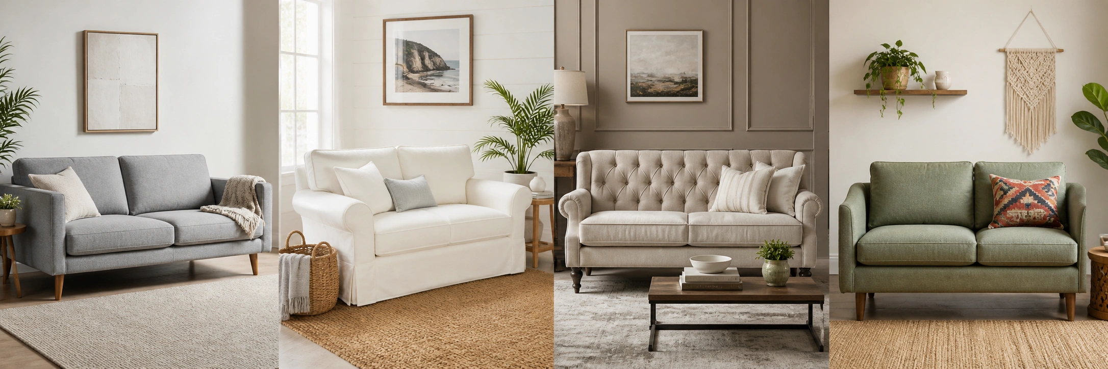 Collection of linen upholstered sofas in different styles including modern, coastal, and bohemian