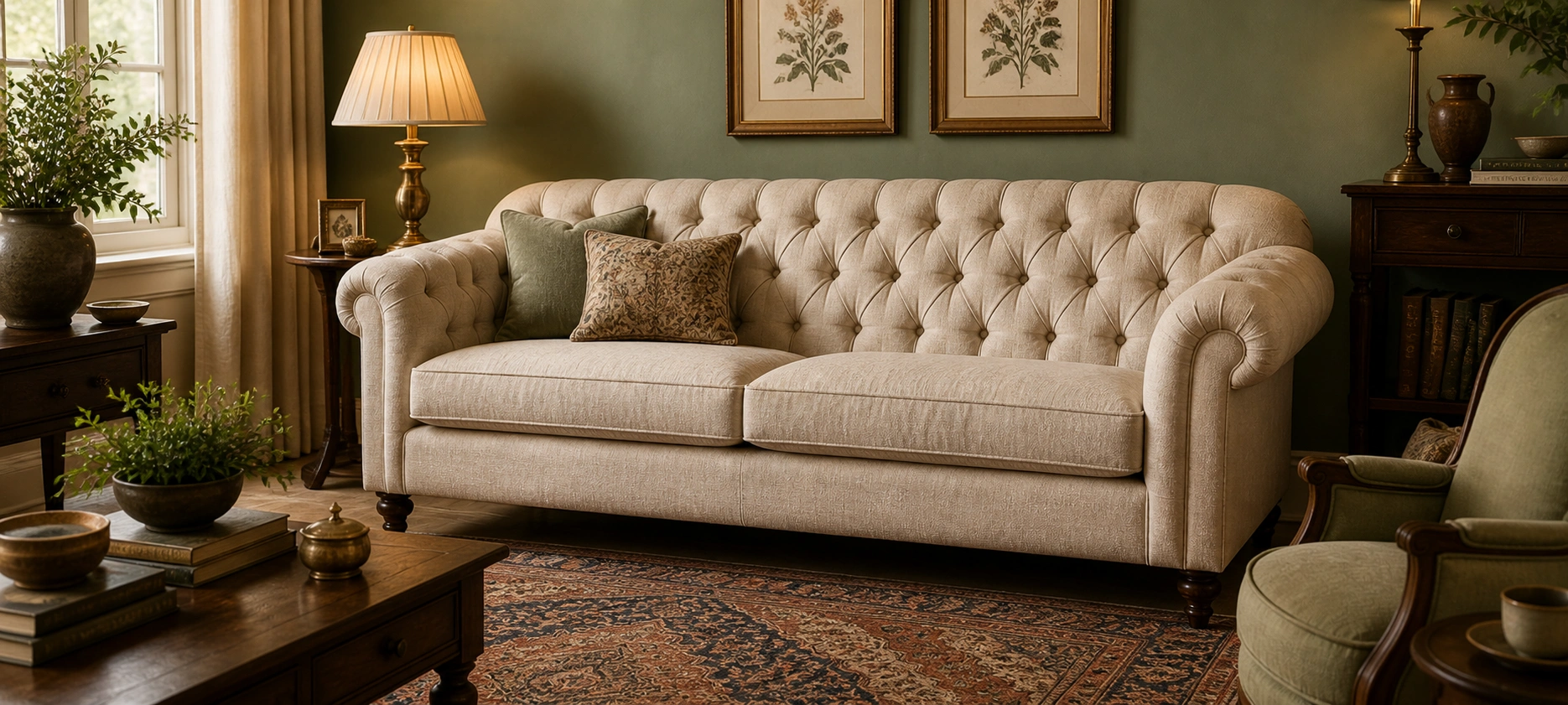 Tufted linen sofa with deep button detailing and rolled arms