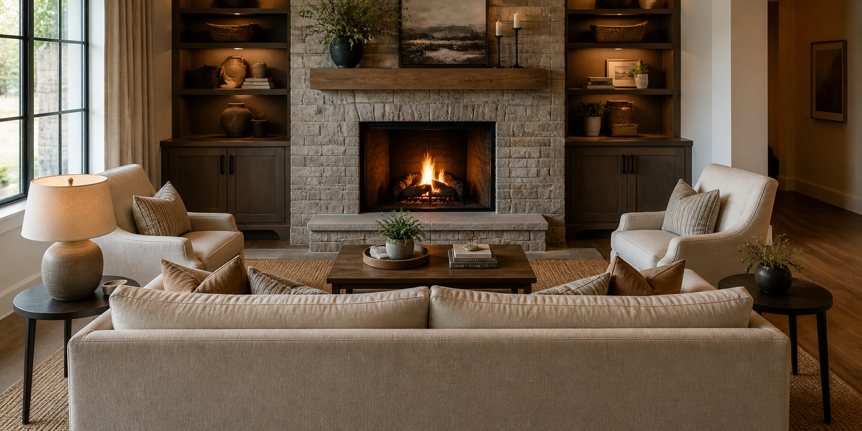 Living room sofa arrangement oriented toward a fireplace as the main focal point