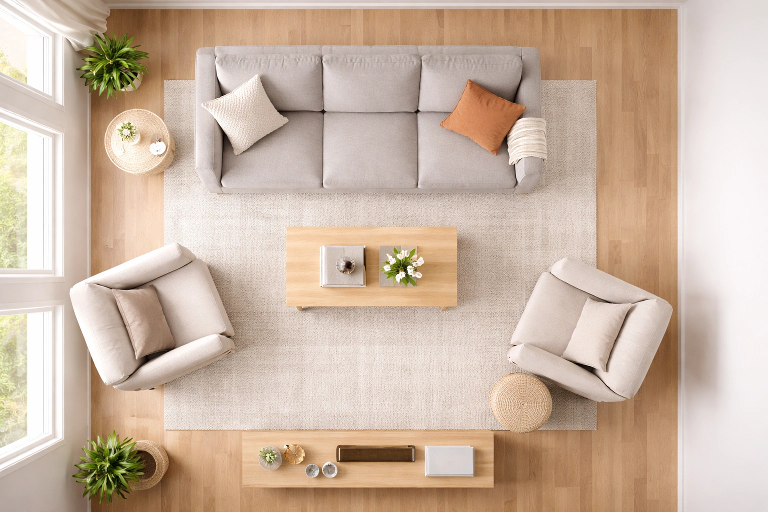Top-down view of a well-planned living room layout with sofa, chairs, and coffee table arrangement