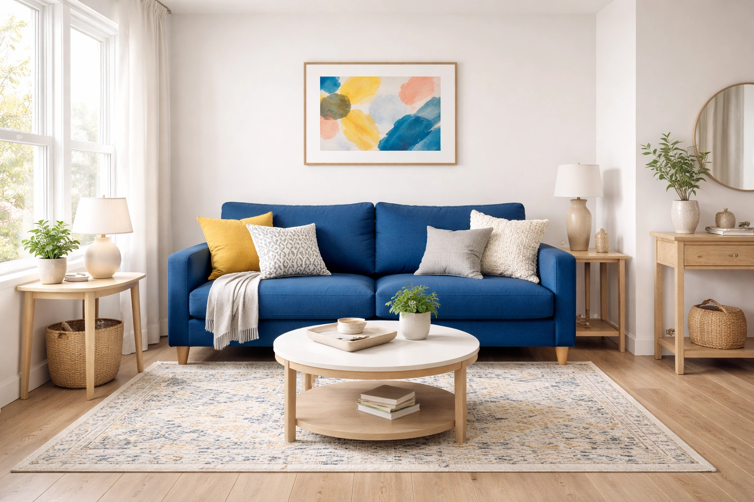 Blue accent sofa in a predominantly white living room with colorful decorative elements
