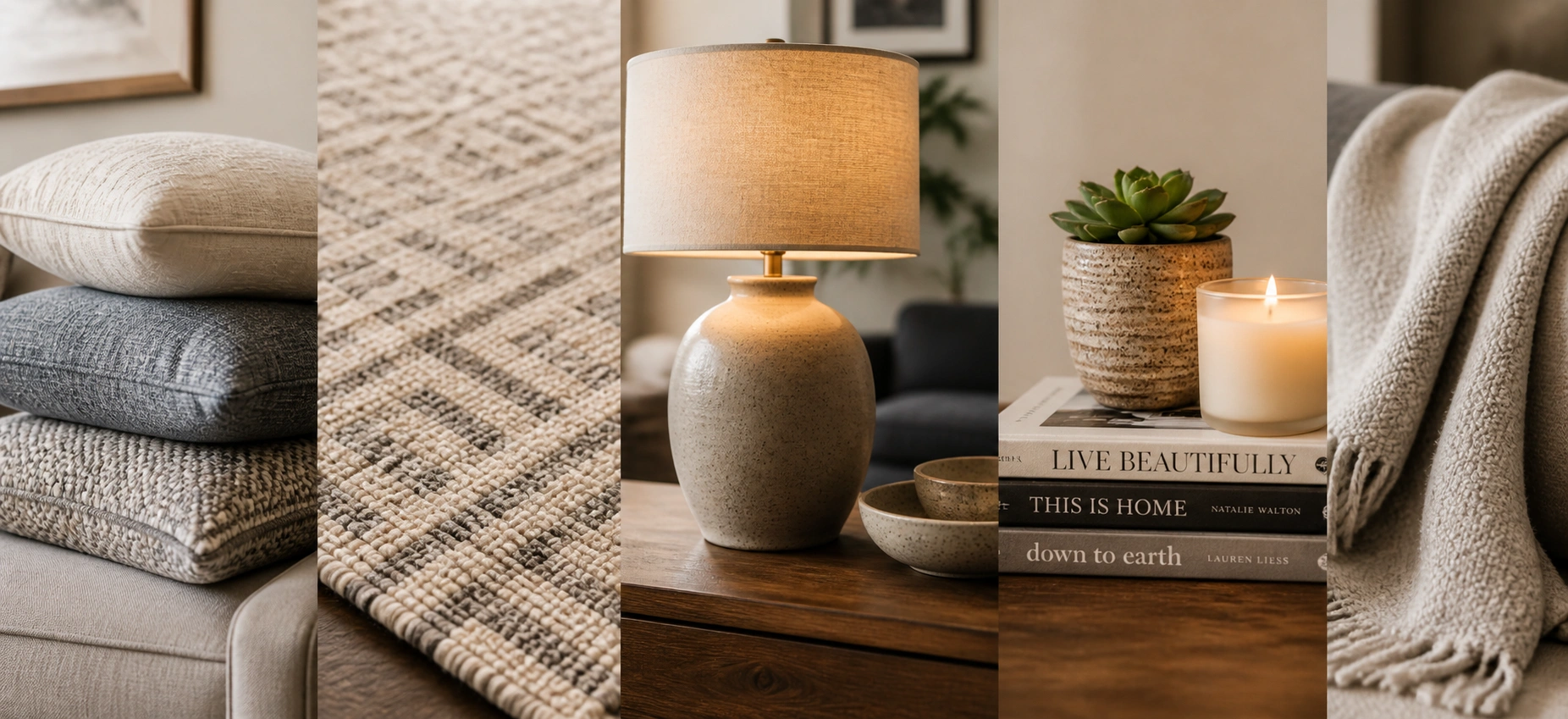 Close-up details of living room decor including throw pillows area rug and table lamp
