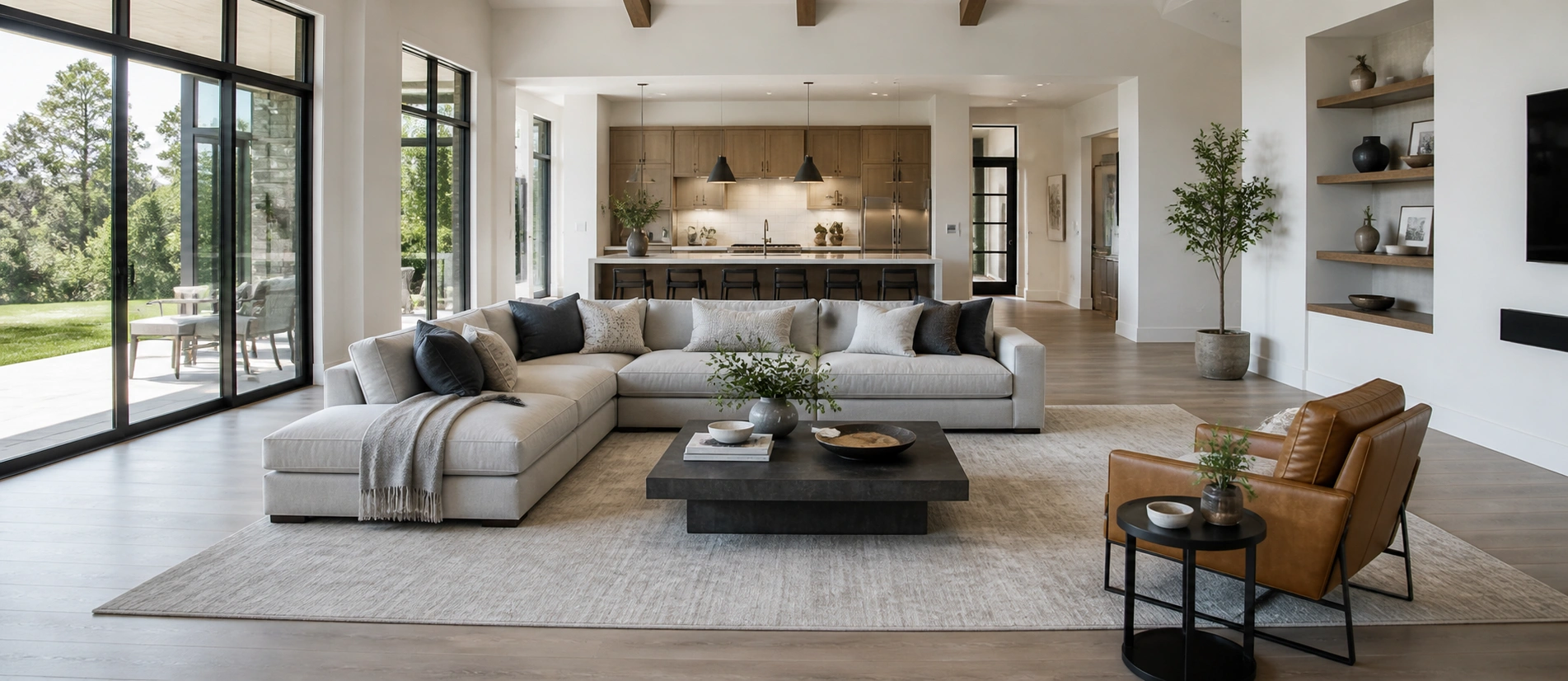 Spacious open plan living room with furniture arranged in an open floor plan arrangement
