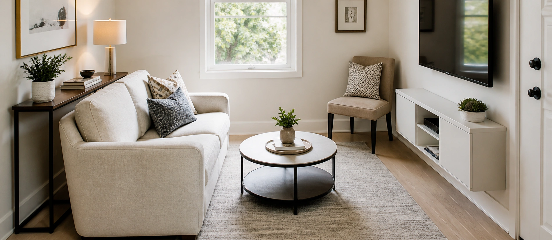 Compact small living room with compact loveseat and small coffee table near a window