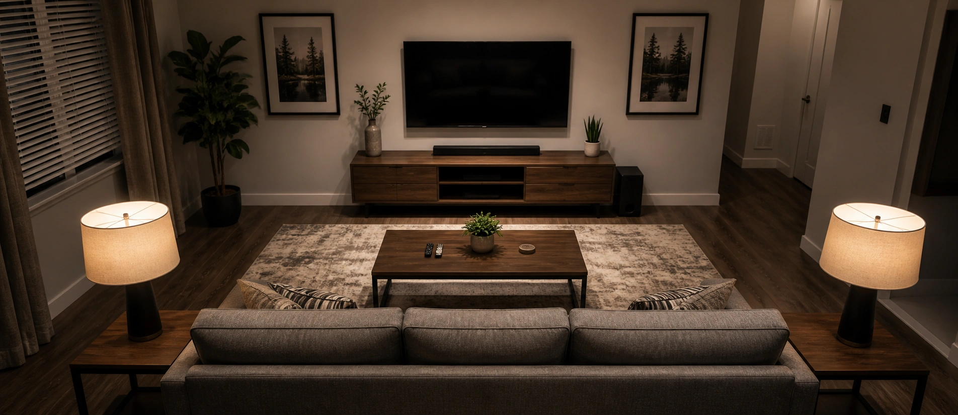 Living room arranged with sofa facing a TV on the wall with side chairs on both sides