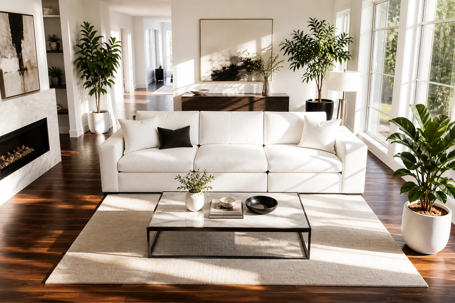 White sofa in a bright modern living room with dark wooden floor and green plants