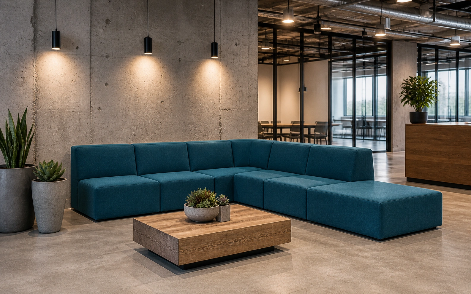 Modular sofa reconfigured in an office waiting area