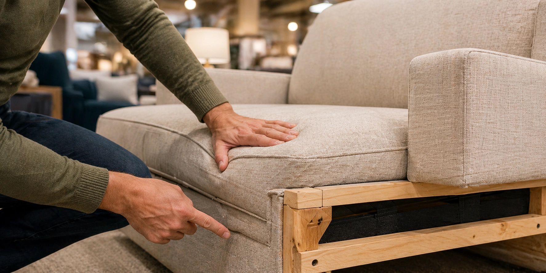 Person inspecting loveseat frame construction and cushion quality in a showroom