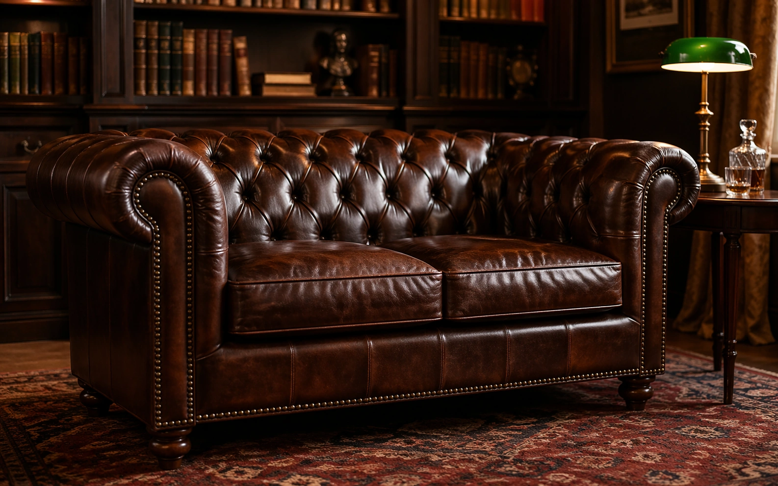 Chesterfield loveseat in dark leather with rolled arms