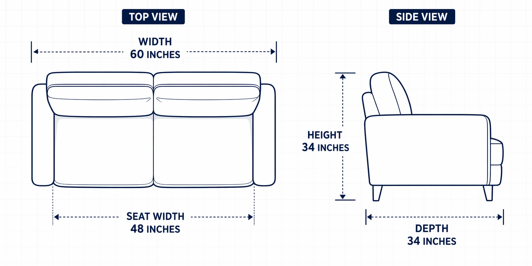 Loveseat dimension diagram showing width depth and height measurements