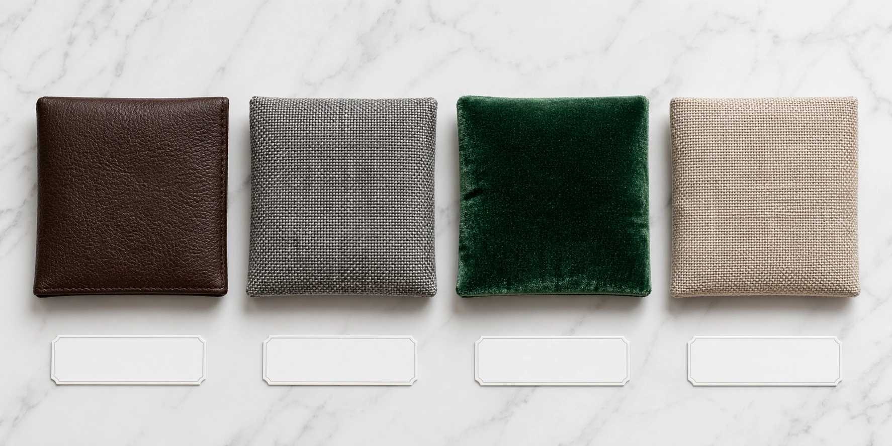 Side by side comparison of leather fabric velvet and linen loveseat materials