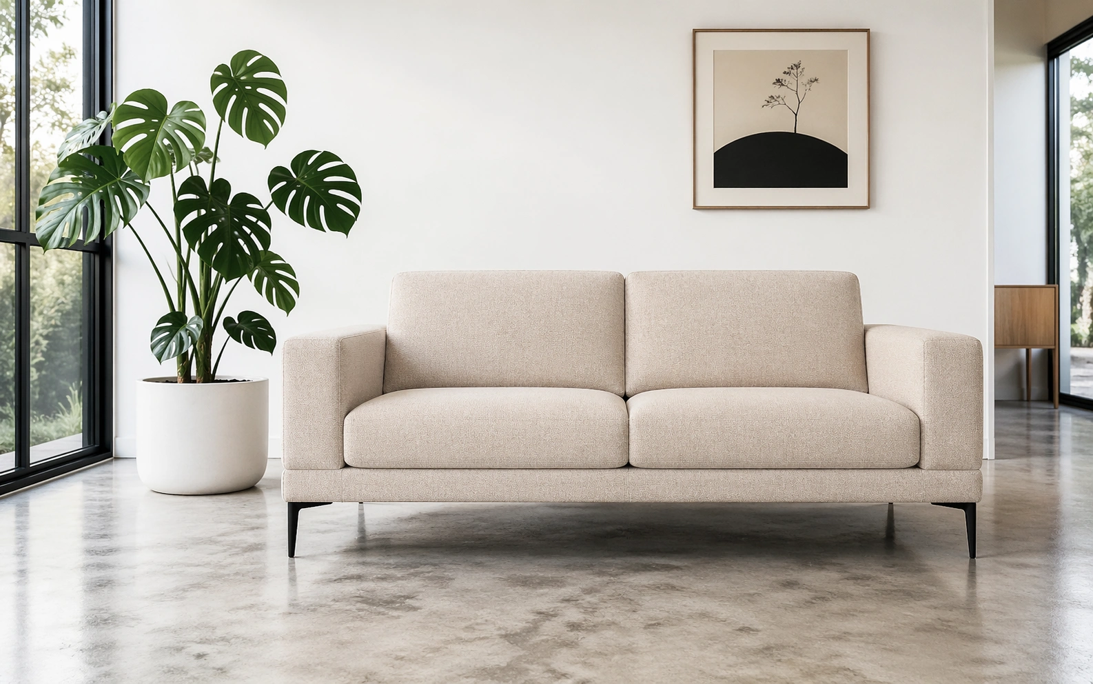 Modern minimalist loveseat with clean lines and neutral fabric