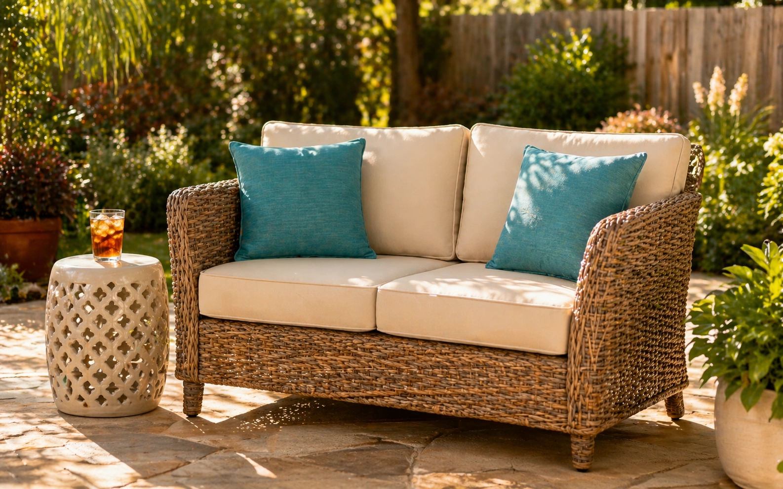 Outdoor loveseat made of weather-resistant wicker material