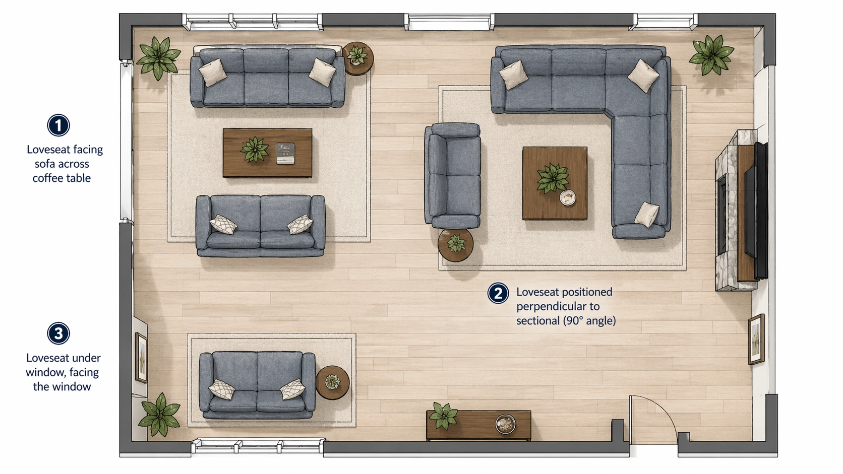 Loveseat placement examples in different room layouts including facing window and perpendicular to sofa