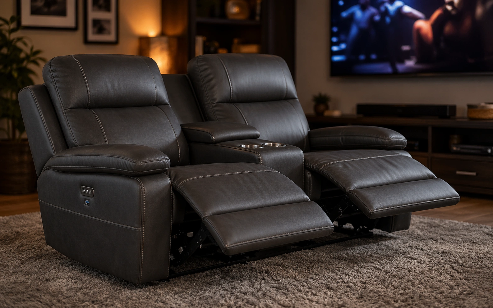 Recliner loveseat with dual reclining seats and cup holders