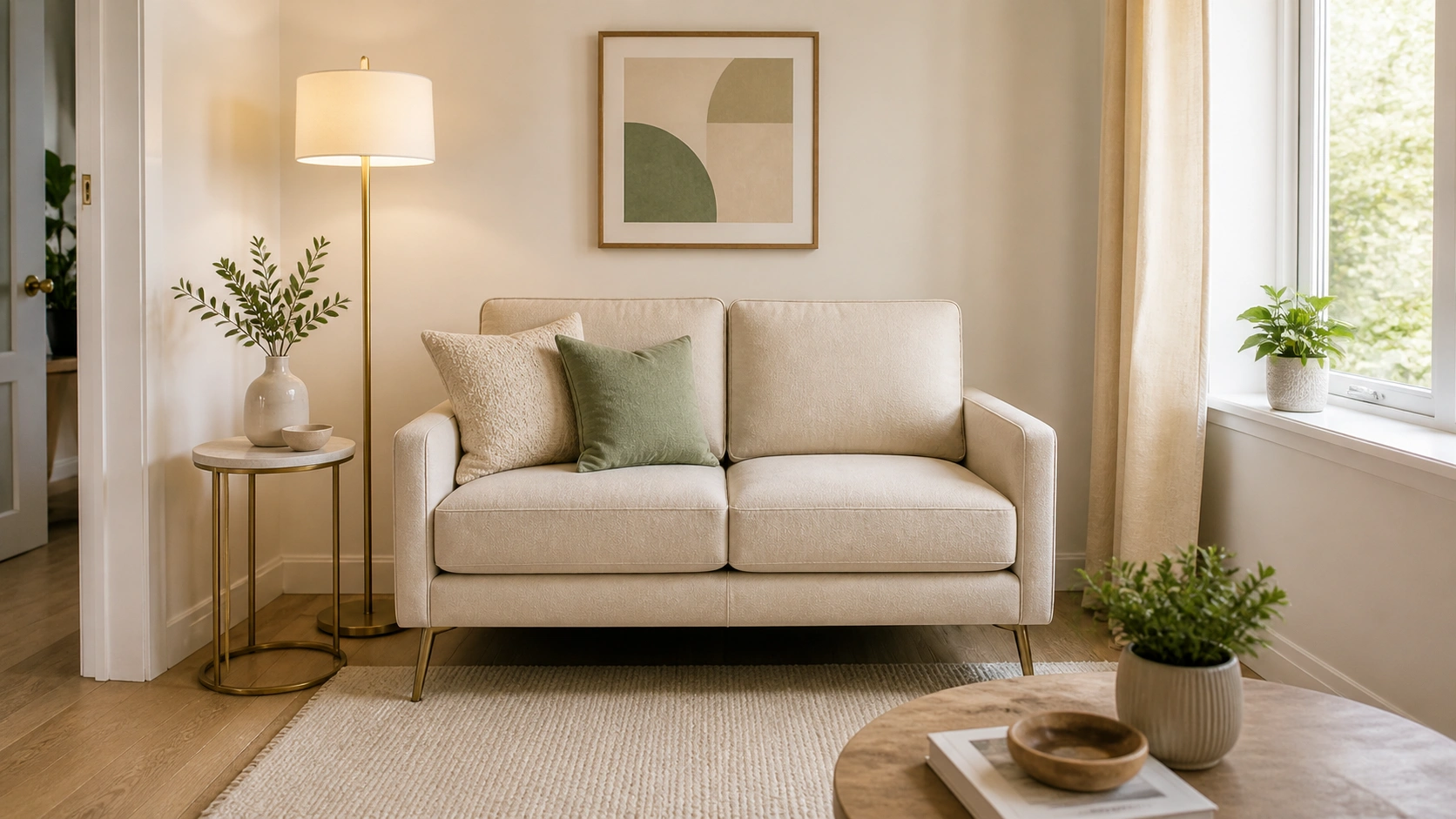 Loveseat in a cozy small living room with natural light