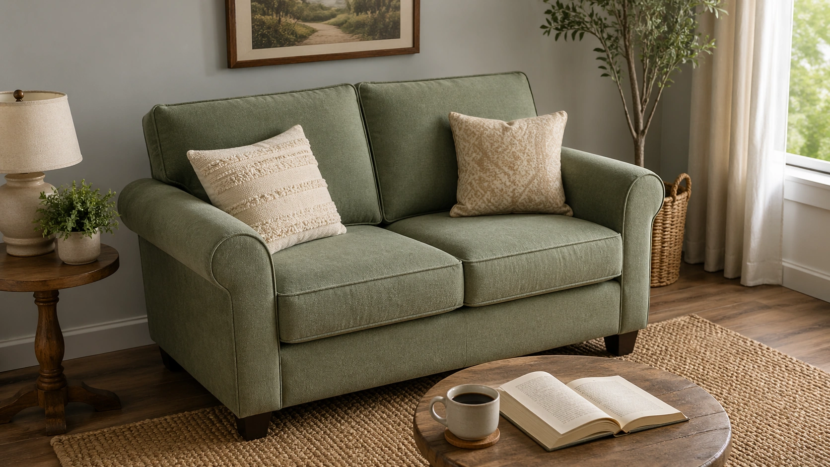 Modern loveseat in a cozy living room setting