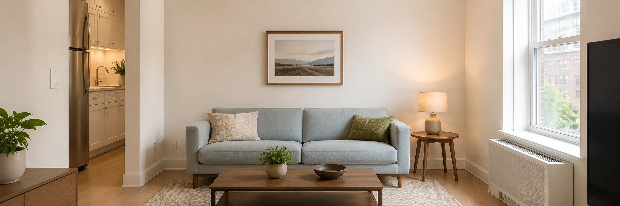 Low back sofa in a compact apartment living room making the space feel open and airy