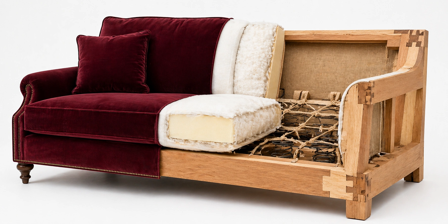 Internal view of luxury sofa frame showing hardwood, corner blocks, and hand-tied springs