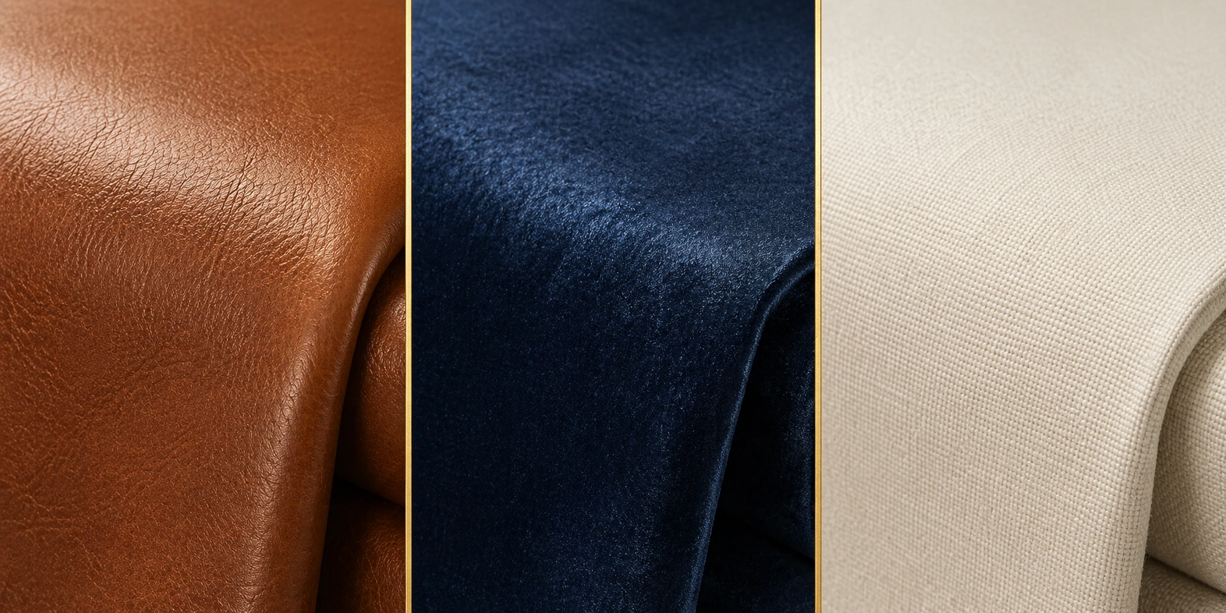 Side-by-side comparison of luxury sofa materials: leather, velvet, and performance fabric