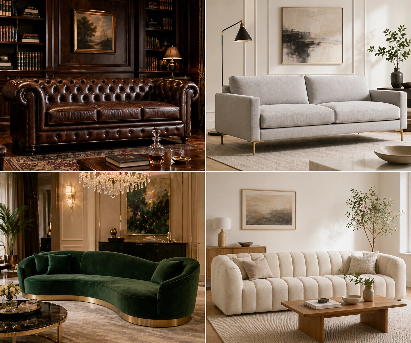 Grid of luxury sofa styles: Chesterfield, modern, curved, and tufted