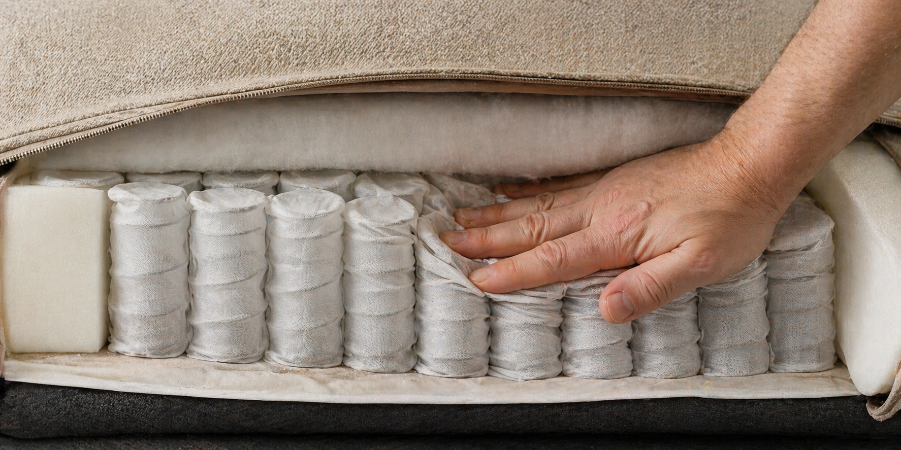 Marshall coil pocket springs inside a sofa cushion showing individual fabric-wrapped coils