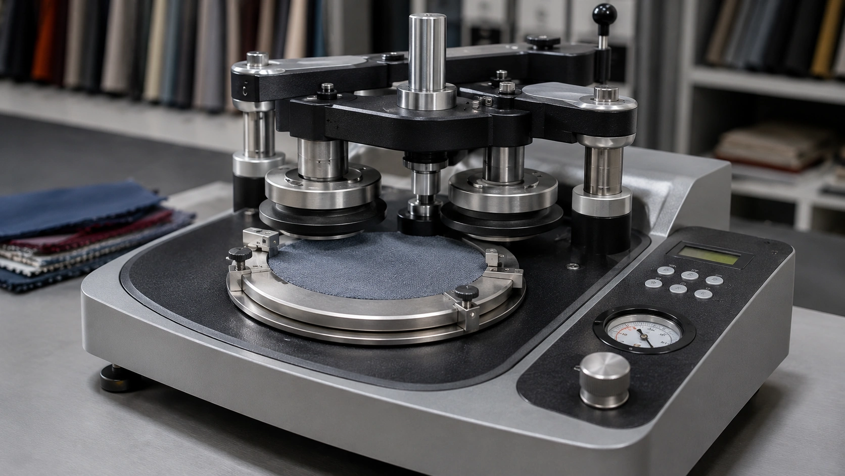 Martindale abrasion testing machine used to measure sofa fabric durability