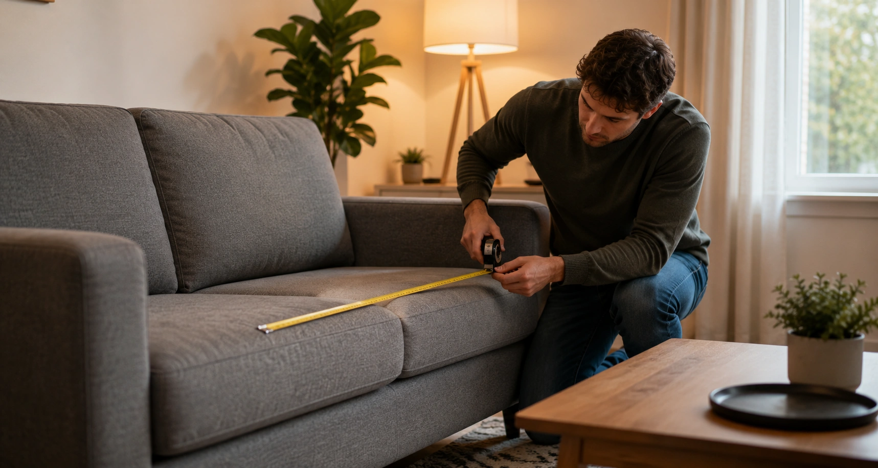 Person measuring a sofa in a living room with a tape measure