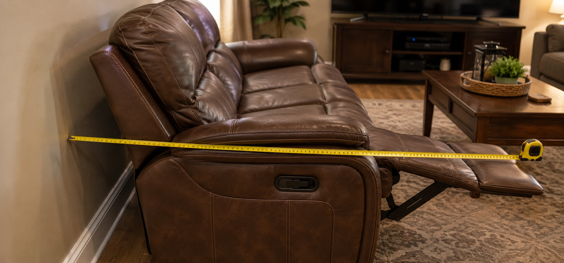 Measuring wall clearance and footrest extension for a recliner sofa