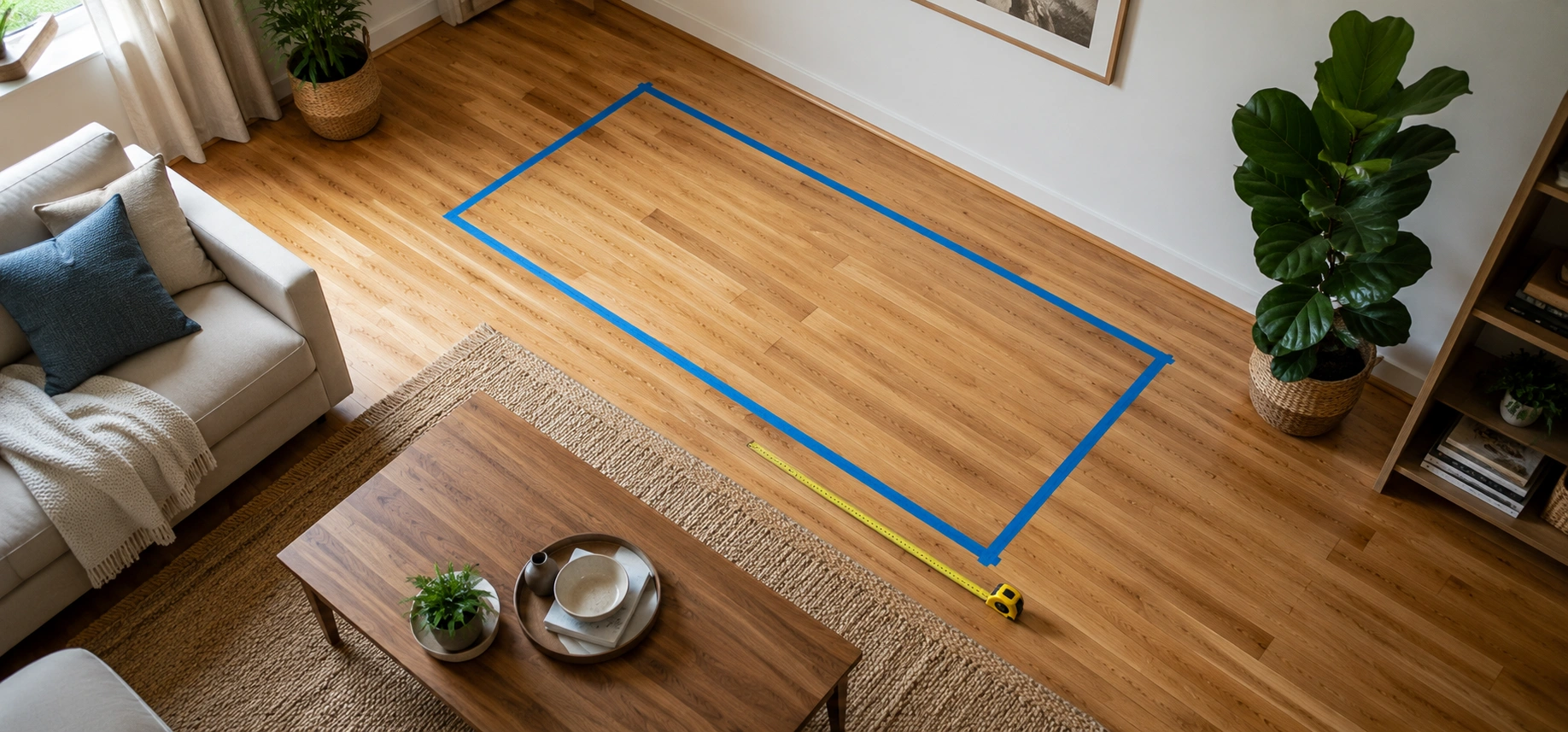 Painter's tape on the floor outlining a sofa footprint in a living room