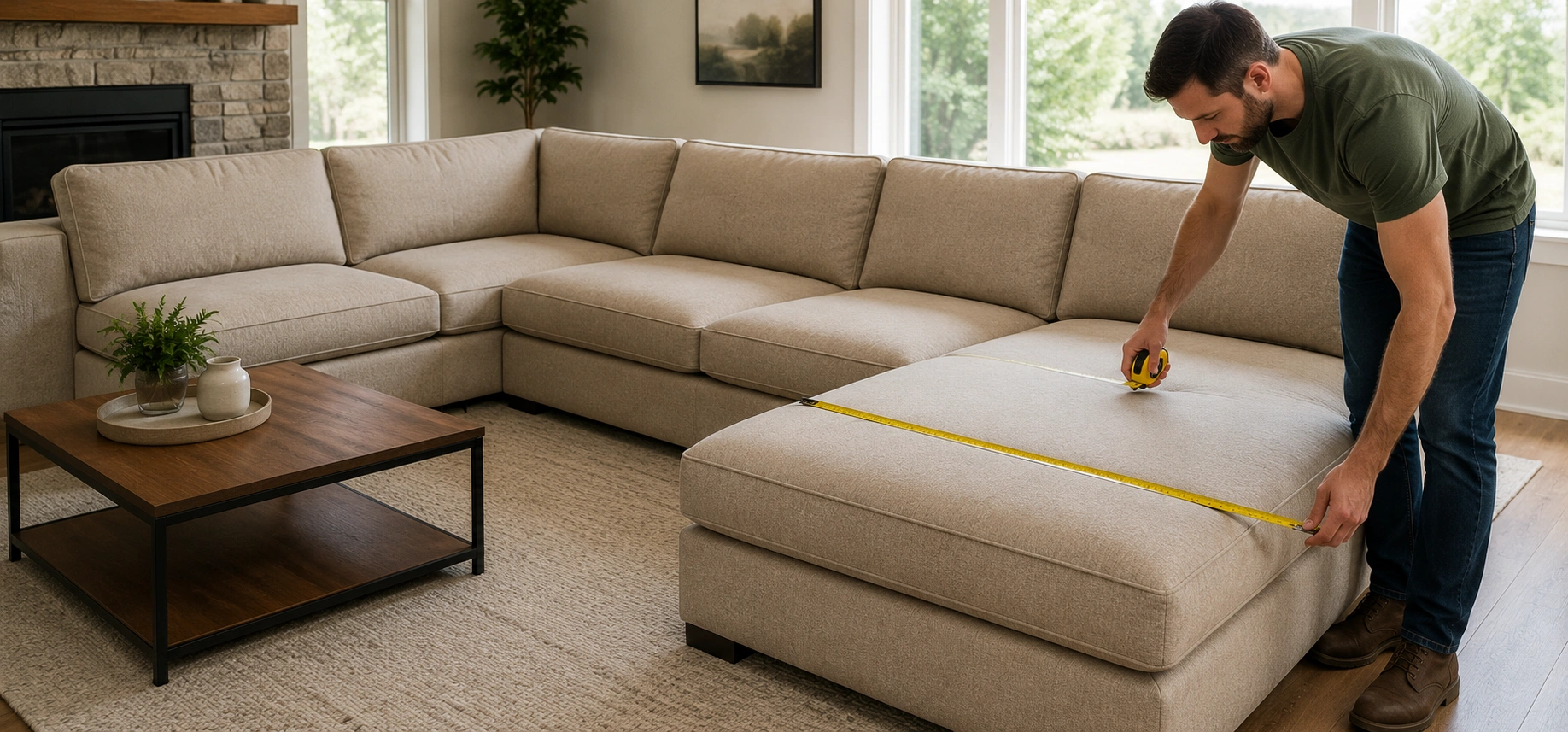 Measuring each section of an L-shaped sectional sofa separately in a living room