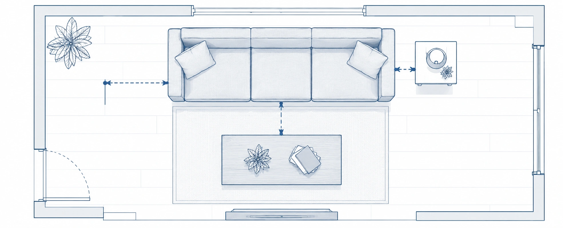 Floor plan diagram showing recommended spacing around a sofa in a living room