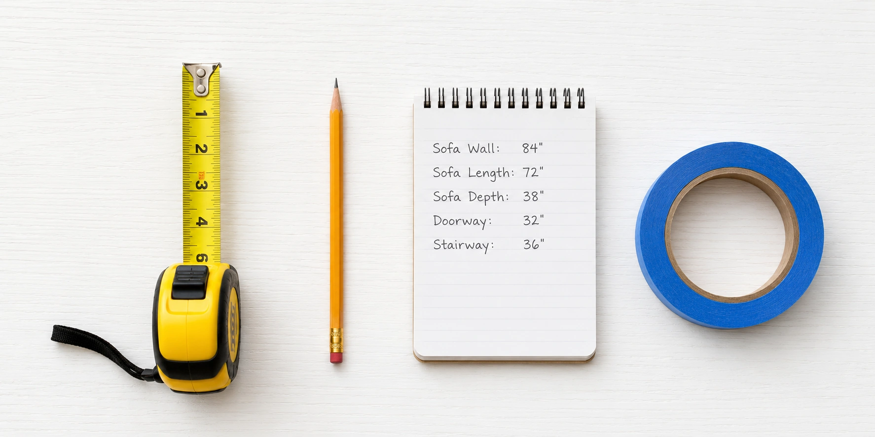 Measuring tools on a table: tape measure, pencil, notepad, and painter's tape