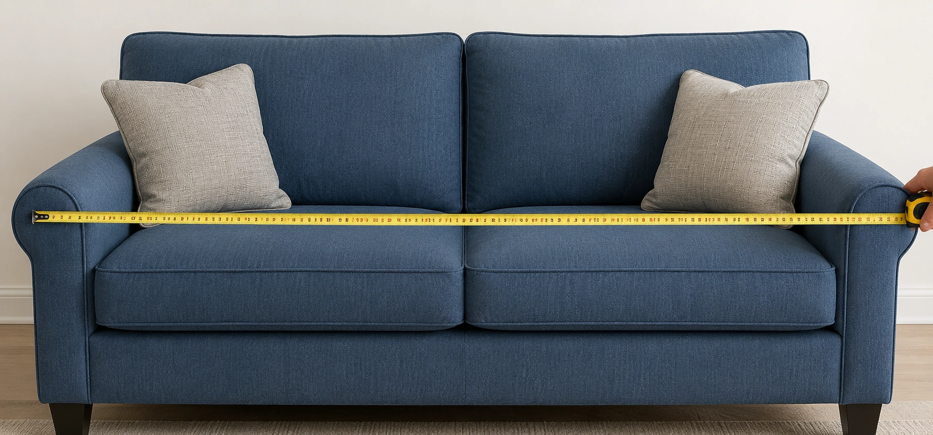 Diagram showing how to measure sofa width from left armrest to right armrest