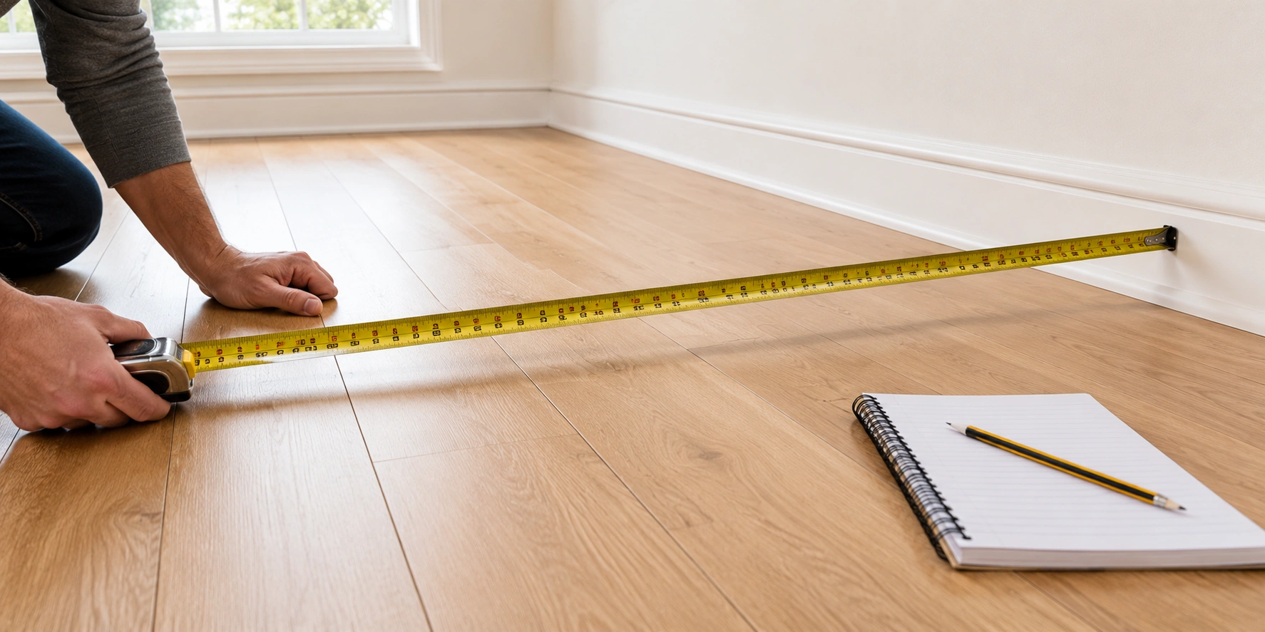 Person measuring living room floor with tape measure for sofa layout planning