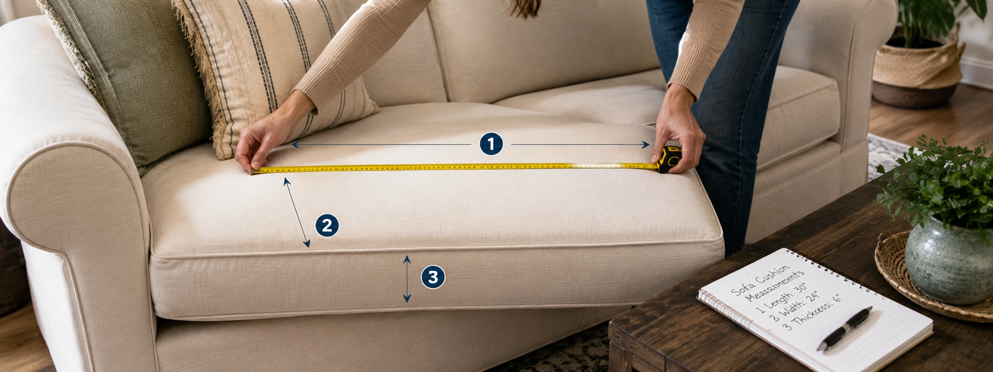 Person using measuring tape to measure sofa cushion dimensions length width and thickness