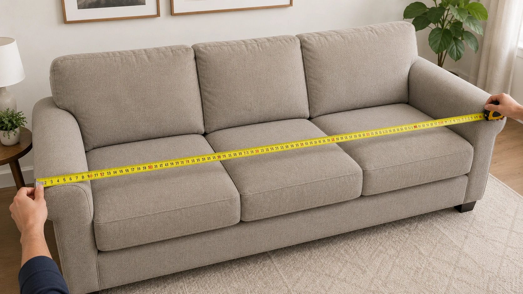Measuring a sofa with a tape measure for a sofa cover fitting
