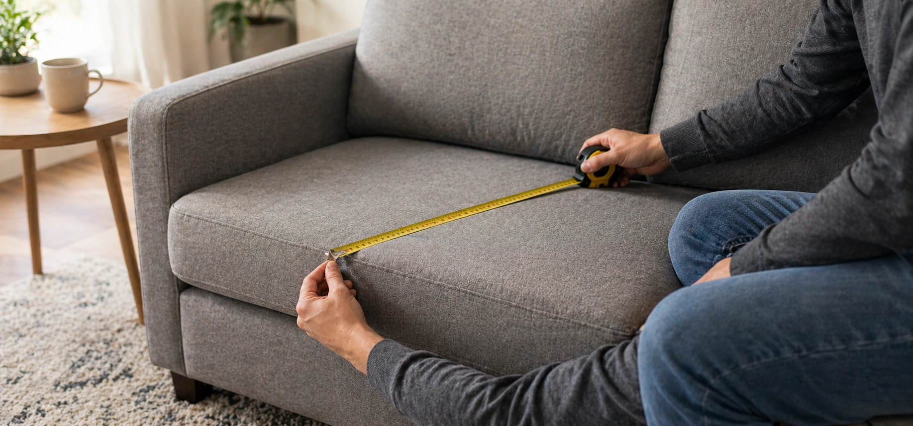 Person measuring sofa seat depth with a tape measure from front edge to back cushion