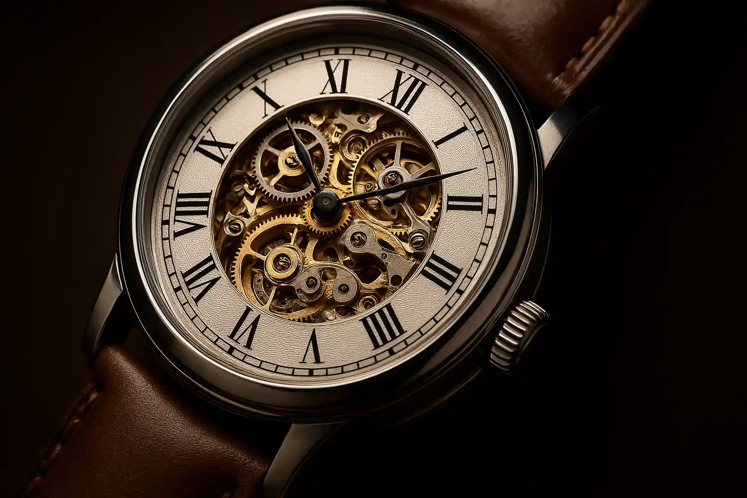 Luxury mechanical analog watch with visible movement