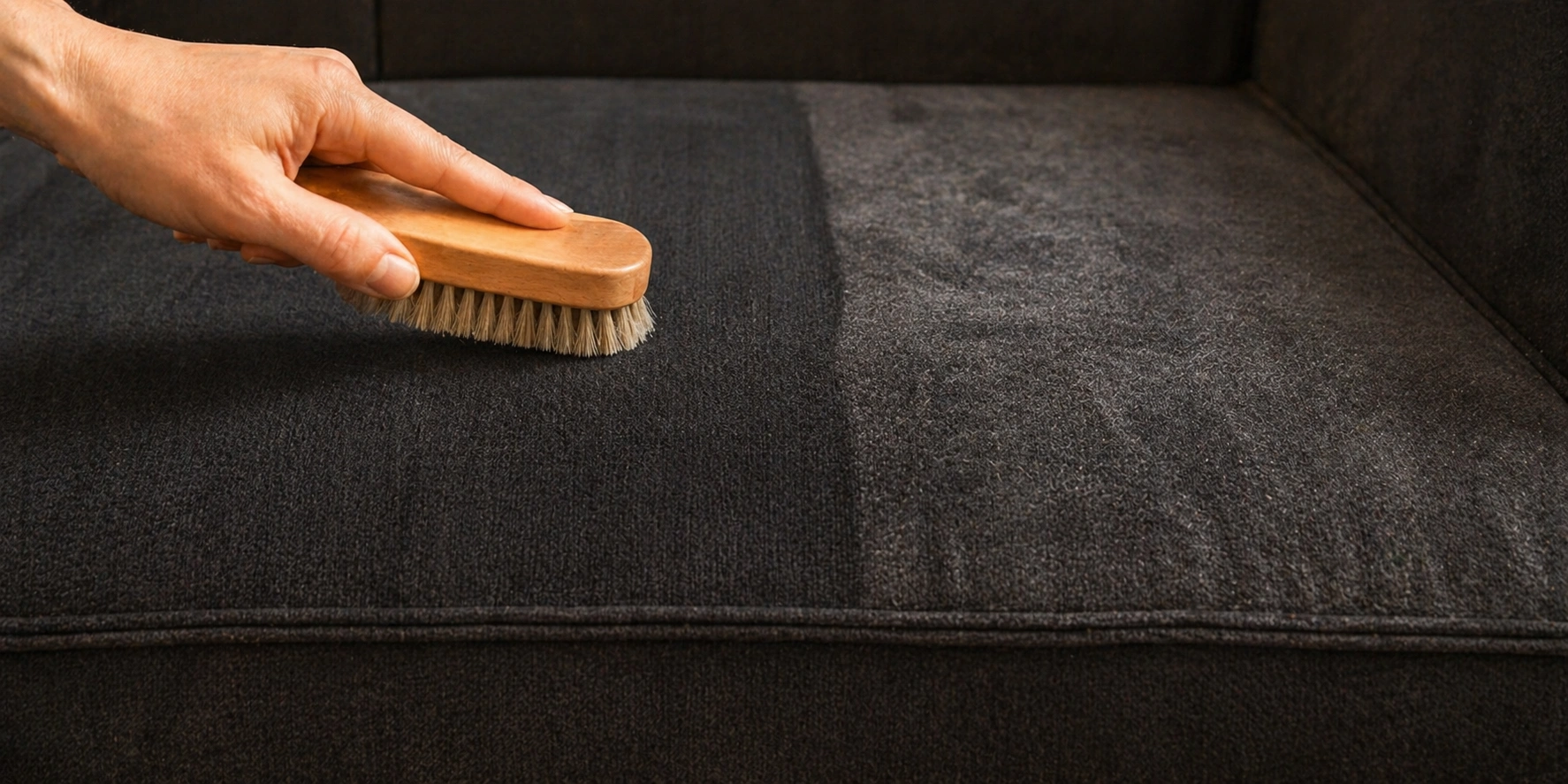 Soft bristle brush being used to restore the nap direction on a microfiber couch cushion