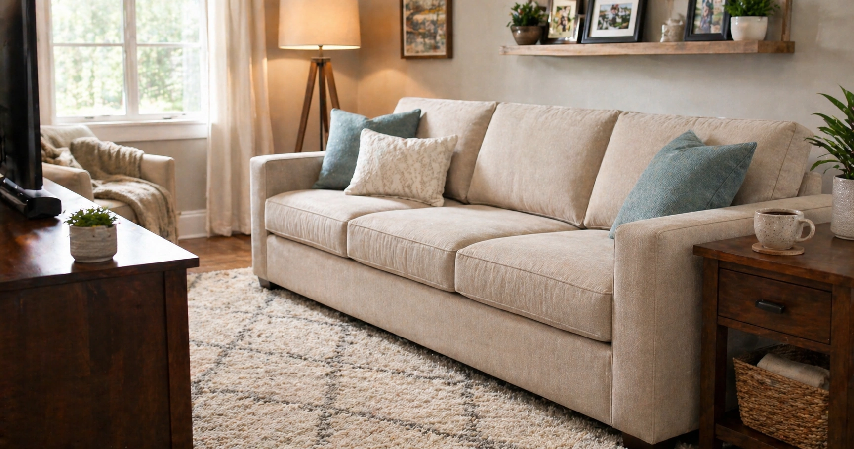 A quality microfiber couch in a well-furnished family room with proper spacing and decor