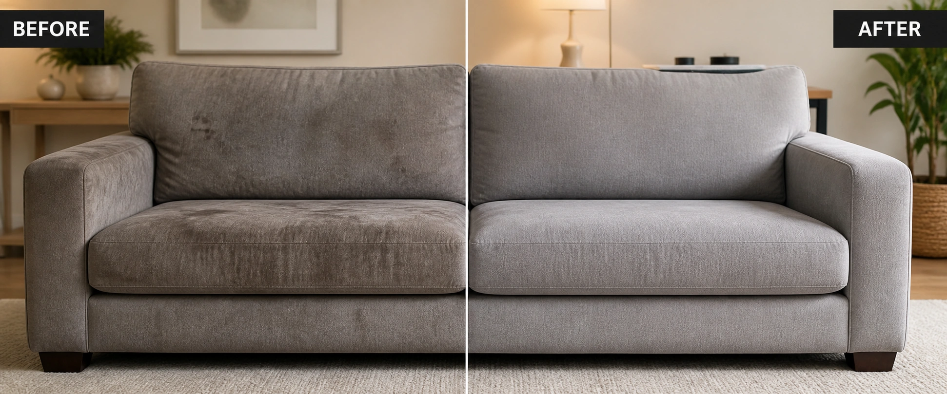 Before and after side by side comparison of a cleaned microfiber sofa