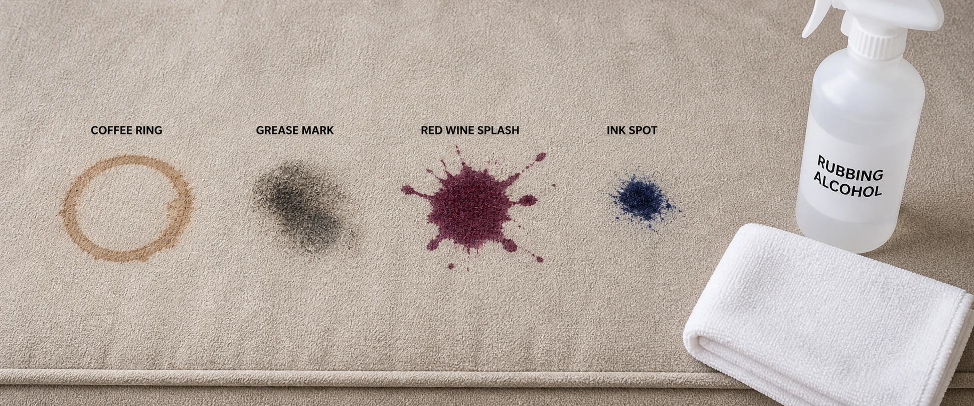 Various common household stains on microfiber fabric with cleaning solutions nearby