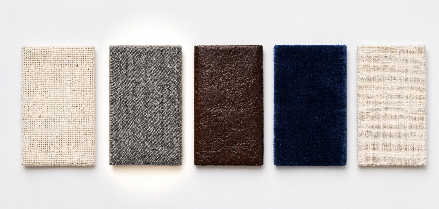 Fabric swatches comparing microfiber against cotton, linen, velvet, and leather side by side