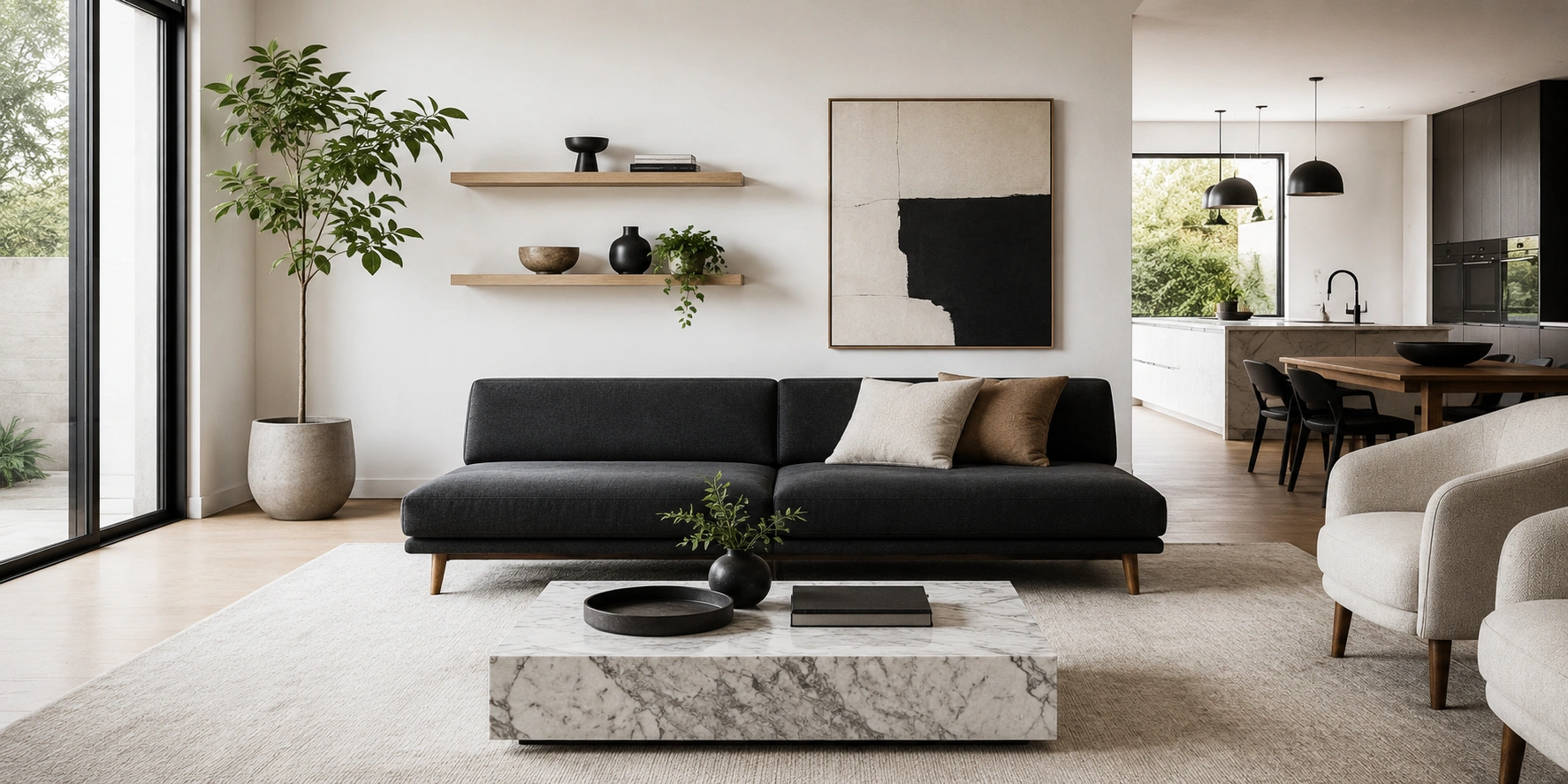 Sleek modern armless sofa in a contemporary living room with minimalist decor